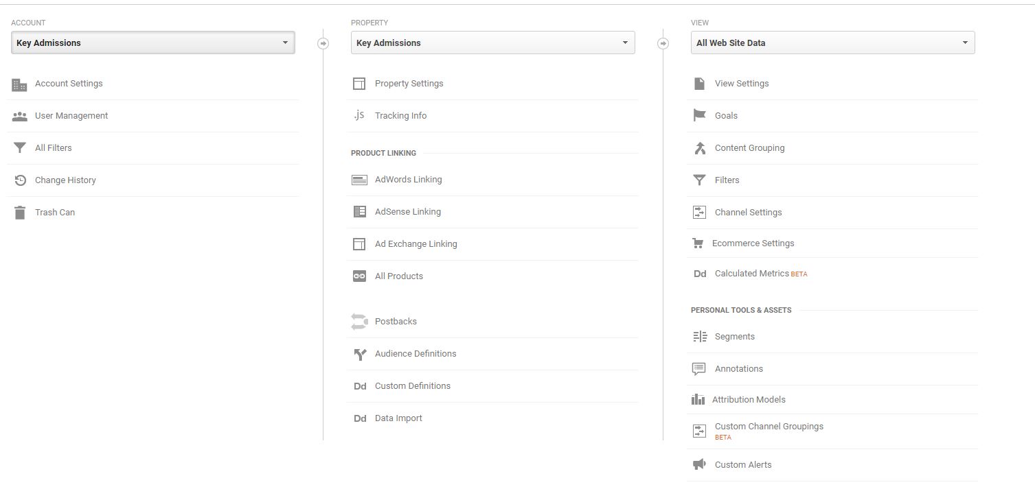 google analytics admin screen