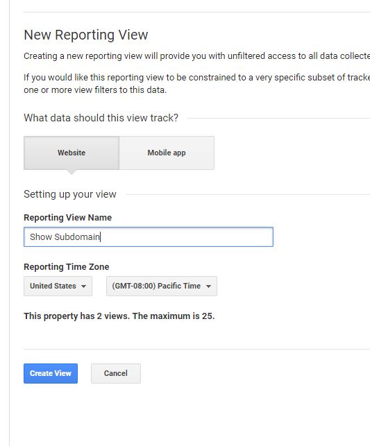 Create new view in Google analytics